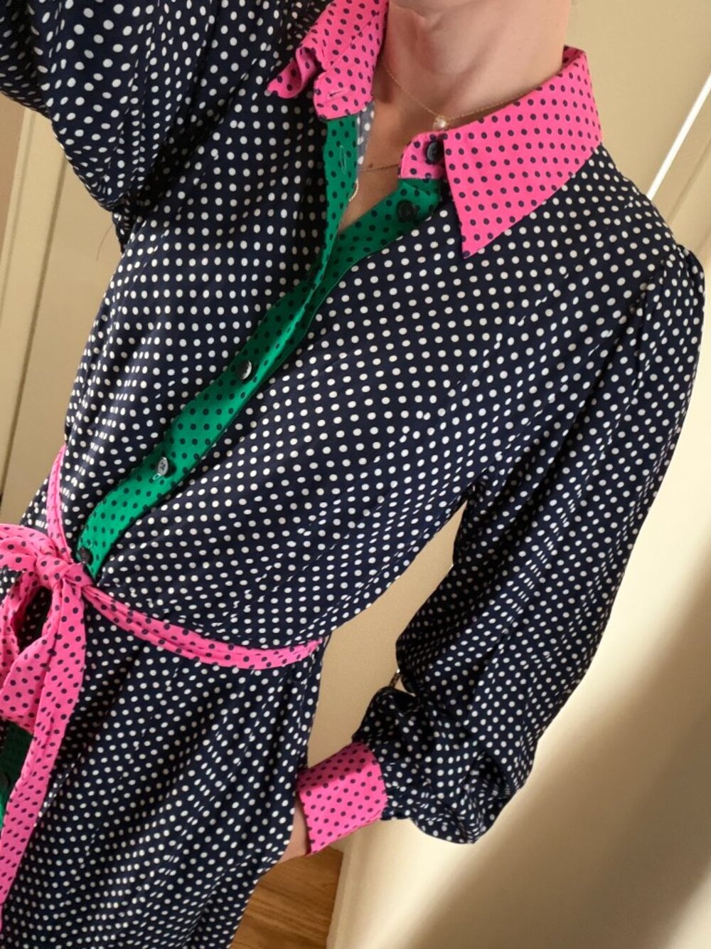 Boden Polka Dot Colorblock Midi Shirt Dress, Navy Pink Green, US 8P / UK 12P, NW